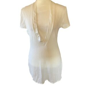 Womens Deep V Neck Sheer Mesh Knit Swim Coverup Dress L White Beach Resort Coast